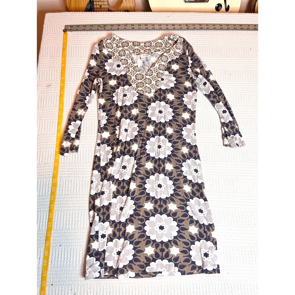 Boden Womens Floral Geometric V-Neck Jersey Shift Dress Brown Blue Size US 2
